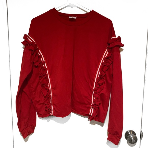 Impulsive Tops - Impulsive Red Varsity Sweatshirt w Ruffle Accent L